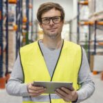 czlowiek z logistyka pracy tabletu